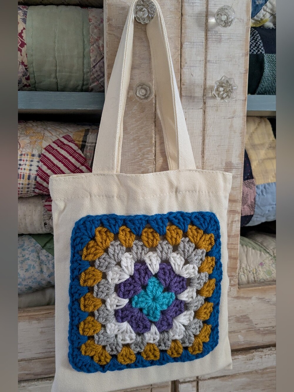 Cream Canvas Tote with Multicolor Crochet Square Accent